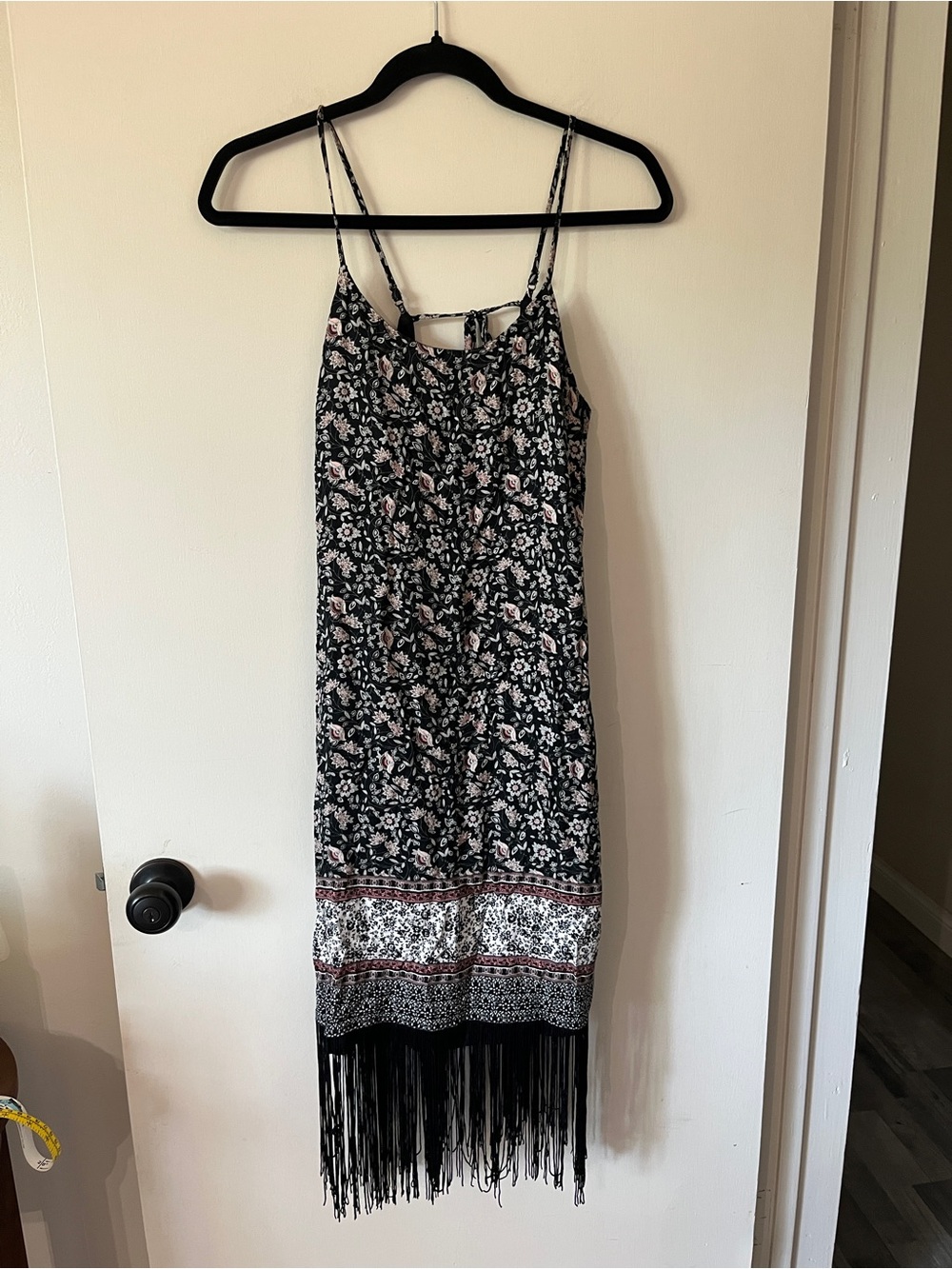 Forever 21 Black Floral Fringe Midi Dress with Pink Accents